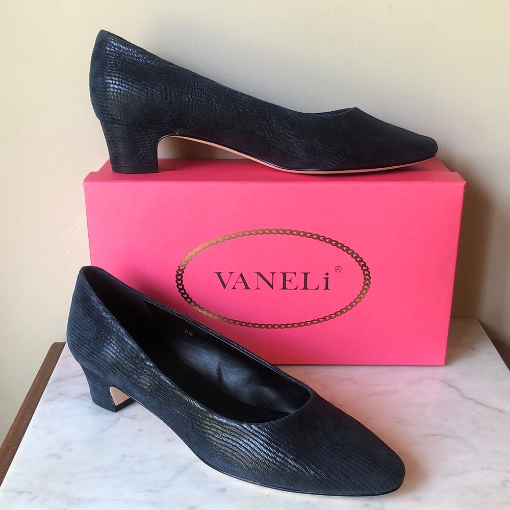 Vaneli Navy Low Block Heel Pump - Women's Dress Shoe